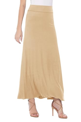 Solid Pattern Print Office Work Loose Fit Elastic A-line Maxi Skirt/Made in USA Khaki L