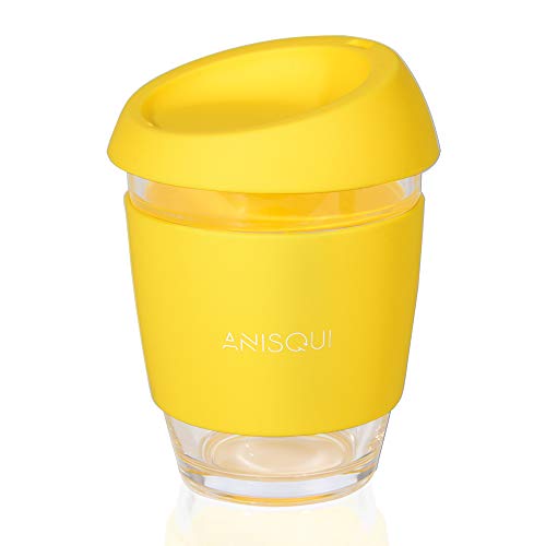 AniSqui Reisebecher aus Glas, 350 ml, umweltfreundlich, wiederverwendbar, tragbare Kaffeetasse mit Deckel, Gelb