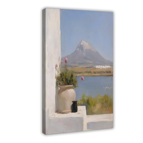 Fleurs et un lac en poster sur toile de paysage rural pour déco murale