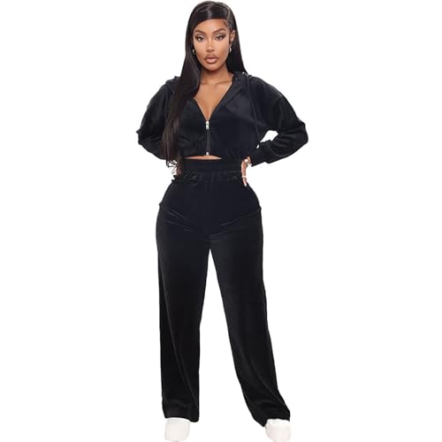 Women Velvet Two Piece Tracksuit Zip up Hoodie Crop Top Wide Leg Sweatpant Black,M