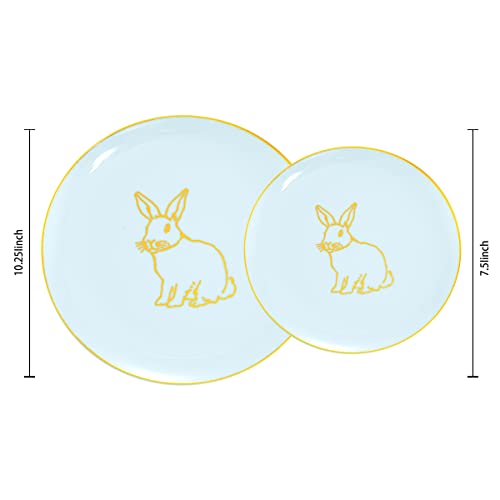 KIRE 60 Pieces Easter plates with Gold Bunny-Mint Green Plastic Plates include 30Pieces 10.25inch Dinner Bunny and 30Pieces 7.5inch Green Dessert/Salad Plates for Easter Day