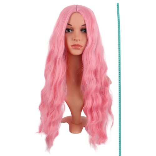 Image of MapofBeauty 28 Inch Long Middle-Part Curly Cosplay Wig, Light Pink | No Bangs, 70 cm Party Wig, Fashion, Synthetic Fiber, Women
