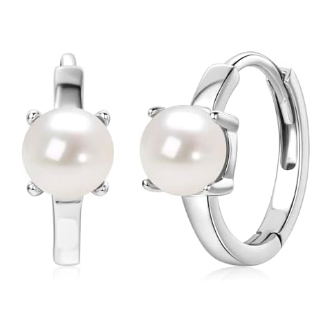 DENGGUANG Freshwater Pearl Small Hoop Earrings for Women, 925 Sterling Silver Dainty Pearl Huggie Earrings, Pearl Jewelry Gifts for Mom Wife Bride Cover