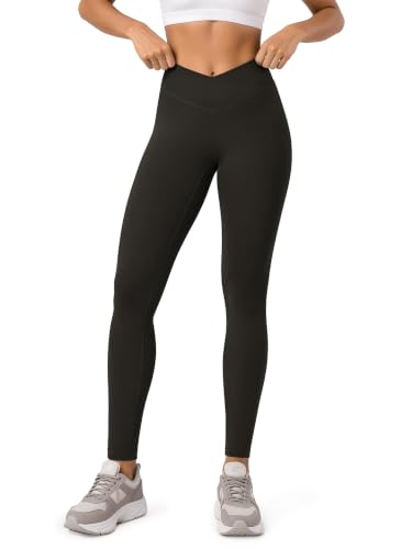ODODOS Hidden Scrunch Butt Lifting Crossover Leggings for Women - 27" No Front Seam High Waist Booty Sculpting Yoga Pants, Dark Brown, X-Small