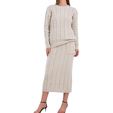 loveimgs Women's Trendy Chunky Cable Knit Long Skirt 2 Piece Outfit Sweater Sets (Large, Apricot) Cover