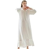 Women Victorian Nightgown Long Sleeve Sleep Dress Self Tie Scoop Neck Maxi Long Nightdress (White M)