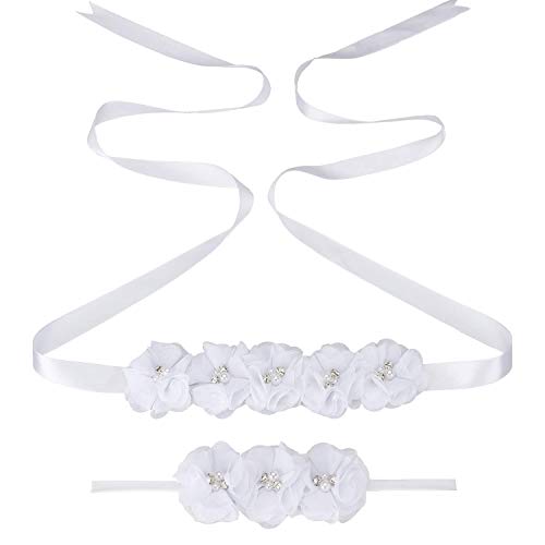Lauthen.S Maternity Flower Sash Headband Set Women Girls Wedding Baby Shower Sash Belt
