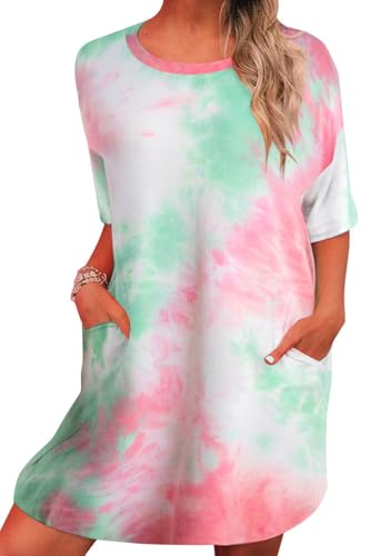 Image of MOUSYA Women Tie Dye Dress Short Sleeve T Shirt Dress Summer Casual Loose Mini Dress with Pockets