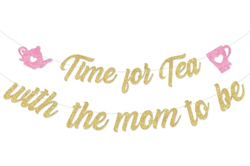 Image of Cheereveal Pink Gold Glitter Tea with Mom to Be Banner, Vintage Teacup Teapot Printed Sign for Afternoon Tea Baby Shower Pregnancy Announcement Gender Reveal Party Decorations Supplies