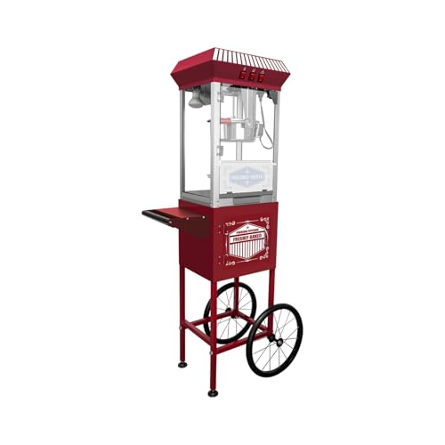 Image of Movie Theater-Style Popcorn Machine Maker with Cart and 12-Ounce Kettle - Red, Vintage-Style Popper on Wheels -LT Red