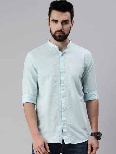Image of SHOWOFFFF Men Solid Casual Shirt | Mandarin Collar Full Sleeves Cotton Shirt for Mens | Slim Fit Regular Length Shirt for Men's