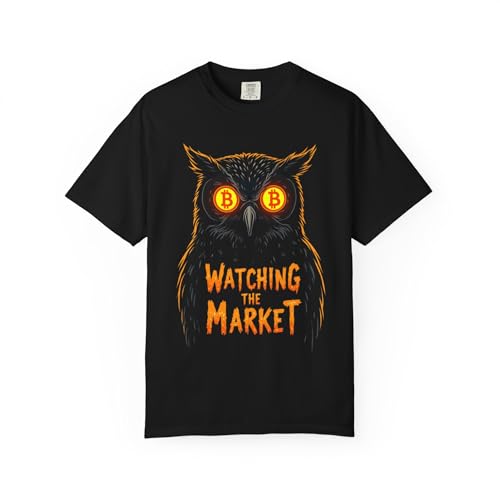 Bitcoin Owl Graphic T-Shirt – Watching The Market – Unisex Black Garment-Dyed Crypto Halloween Shirt, Night Owl Trader Gift