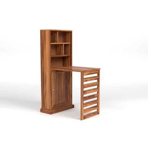 Image of Solid Sheesham Wood Foldable Study Table with Bookshelf & Storage Cabinet | Rosewood Study Desk for Home & Office (A-Honey Finish)