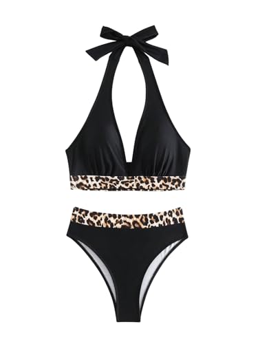 SweatyRocks Women's 2 Piece Leopard Print Swimsuit Halter Bikini Sets High Waist Bathing Suit4