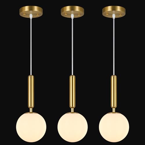 Image of Modern Hanging Light Fixture Pendant Lighting for Kitchen Island Mid Century Gold Pendant Lights with Globe Milky White Glass Pendant Light for Bedroom Bathroom Entryway (3 Pack)