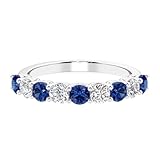 14k White Gold Lab Grown Blue Sapphire and Diamond Nine-Stone Half Eternity Ring, 1.70 Carat, September Birthstone, Anniversary Wedding Band, Birthday Gift for Women w/ Jewelry Box, Size 4.5