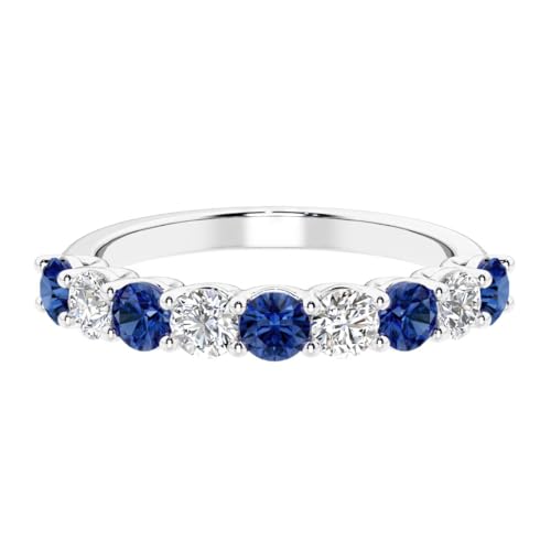 14k White Gold Lab Grown Blue Sapphire and Diamond Nine-Stone Half Eternity Ring, 1.70 Carat, September Birthstone, Anniversary Wedding Band, Birthday Gift for Women w/ Jewelry Box, Size 4.5