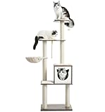 Made4Pets Cat Tree, Modern Cat Tree Tower for Indoor Cats - 65" Tall Wood Condo with Hammock, Scratching Post and Removable Pads for Small Large Cats，Grey