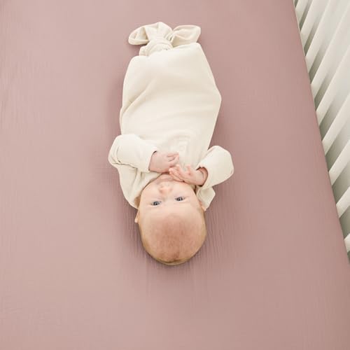 Image of Konssy Muslin Crib Sheets for Boys, Soft Cotton Neutral Baby Sheets for Standard Crib Mattress 2 Pack, 52 inchx28 inch (Soft Blooms,Taupe)