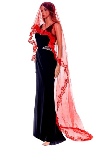 Acenail Red Veil Long Lace Wedding Brides Veils Cathedral Veils with Comb Gothic Halloween Costume Veil (Red 102)