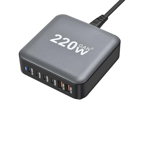 BAHOND 220W GaN III 6 Ports Fast Charging Station Hub Block Portable Wall PD Charger Power Adapter, 100W Port for MacBook Pro/Air, iPhone 15 14 13 12 11, Galaxy S24 S23