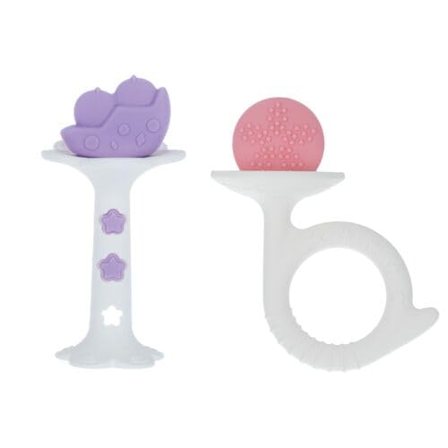 Nuby Silicone Fun Teethers - (2-Pack) Baby Teething Toy - Chick and Tuba Shapes - 3+ Months - Purple and Pink
