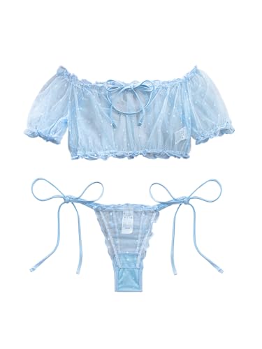 Image of Lilosy Sexy Stretch Ruffle Tie Sheer Mesh Lingerie Set Outfits