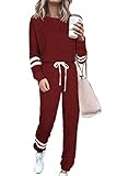 Picture of PRETTYGARDEN Women's Two Piece Loungewear Fall Casual Long Sleeve Tops Jogger Pants Pajama Sets Matching Outfits Clothing (Striped Wine Red,XX-Large)