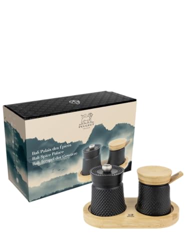 PEUGEOT - Coffret Cadeau Bali Palais des Épices - Moulin à Poivre 8 cm En Fonte + Main à Sel En Fonte + Plateau en Bambou - Réglage Classique - Coloris Noir/Bois Naturel