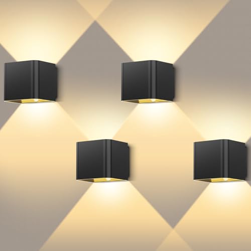 GEARLITE Led Aufladbar Wandleuchte Innen/Aussen mit Bewegungsmelder 4 Stücke, Wandlampe Auf und ab Einstellbarer Lichtstrahl 3000K Warmweiß Außenwandleuchte IPX4 Wasserdichte Wohnzimmer Garten Schwarz