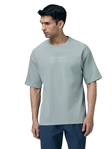 Image of TECHNOSPORT Men Printed Oversized Round Neck T-Shirt with COTFLEX, Dry Fit Sports Tee, Oversized Activewear T-Shirt for Gym, Running, Sports & Casual Wear