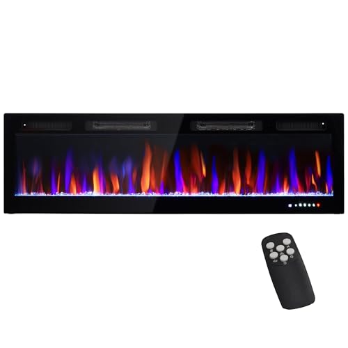 HOMCOM 60' Electric Fireplace Recessed and Wall Mounted with Remote, 750W/ 1500W Ultra-Thin Fireplace Heater and Linear Fireplace with Timer, 12 Color Flame Effect, Crystal, Black