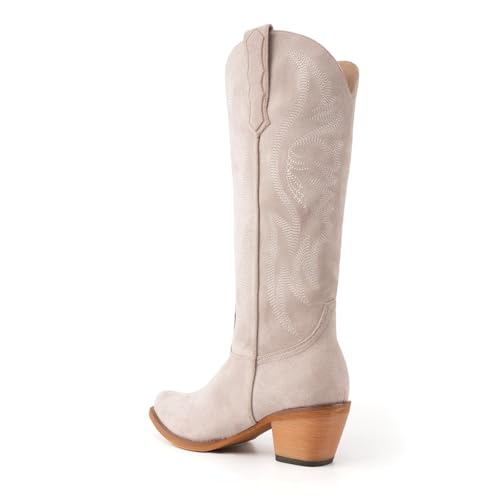 Image of KaroNairy Women Cowboy Boots Faux Suede Embroidered Pointed Thick Heeled Western Wide Calf Cowgirl Ponited Toe Mid Calf Boots