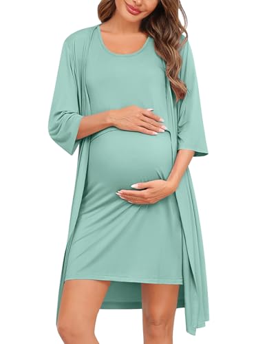 Image of SWOMOG Women Maternity Nursing Gown and 3/4 Sleeve Robe Set Labor Delivery Nightgown Breastfeeding Hospital Bathrobe