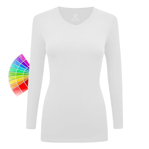 Women's Under Scrubs Long Sleeve T-Shirt Comfort V-Neck Medical Underscrub Tee -Super Soft and Stretchy (White, X-Small)