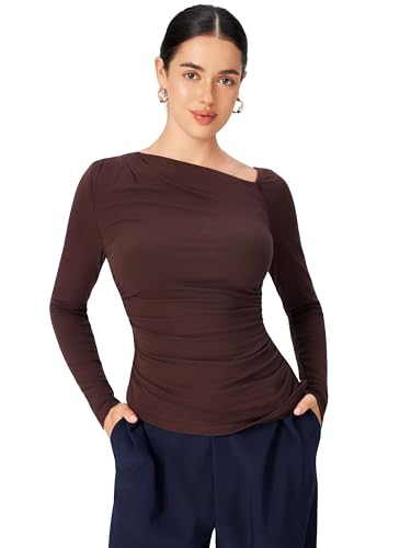 CIDER Off The Shoulder Tops for Women Long Sleeve Shirts Asymmetrical Neck Ruched Going Out Tops Y2K Slim Fit Fall Top2