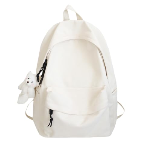 Canvas Big Capacity Backpack with Cute Bear Pendant Accessory for Women Men Aesthetic Daypack(white)