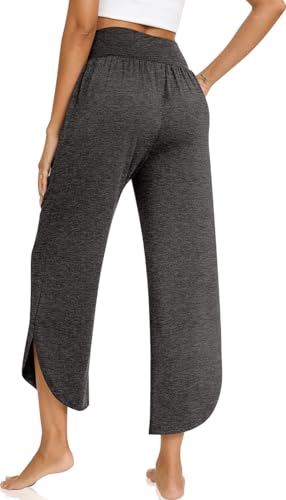 Image of TARSE Women's Wide Leg Yoga Pants Cross High Waist Flowy Split with Pockets | Comfy Lightweight Stretch, Flare Hem Cropped, Loose Dance Pants, Travel & Lounge, Everyday Casual Wear