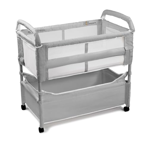 Arm’s Reach Clear-Vue Co-Sleeper Bedside Bassinet Featuring Clear Mesh Panels with Fold-Down Side, Large Attached Storage Basket, 4 Wheels, and Height-Adjustable Legs, Gray