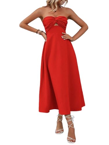 Image of SKAYS Womens Strapless Twist Knot Midi Dress Cutout A-line Tube Summer Cocktail Party Dress with Back Smock