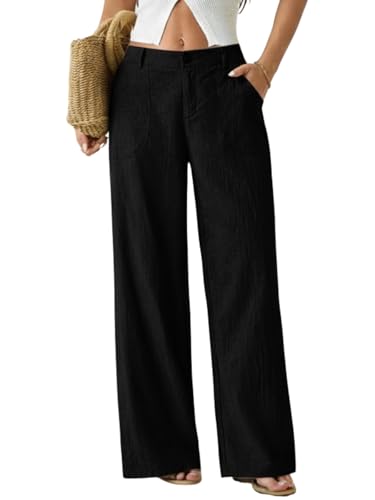 Image of GRECIILOOKS Beige Wide Leg Linen Trousers for Women | High Waist Cotton Baggy Korean Style Casual Pants | Comfortable Formal & Casual Women Trousers