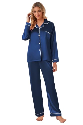 Schbbbta Family Matching Silk Pajamas Set Satin Long Sleeve Button Up Sleepwear Pj Set, T Navy, US L4