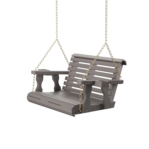 Image of Amish Casual Heavy Duty 700 Lb Capacity Porch Swing with Cup Holders (3 Foot, Semi-Solid Gray Stain) - Wooden Outdoor Roll Back Swing with Hanging Chains - Amish Made in the USA