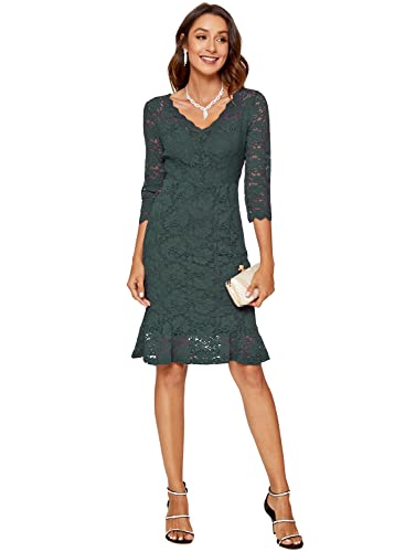 Image of Atnlewhi Womens 3 /4 Sleeve Slim Fit Lace Cocktail Dresses Party Wedding Guest V Neck Formal Evening Bodycon Dress