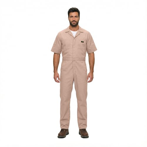 Natural Uniforms Mens Short Sleeve Zip Up Coverall, Stain and Wrinkle Resistant (Khaki, Large)