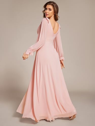 Image of Ever-Pretty Women's Fall Winter Formal Wedding Guest Dress Long Sleeve V Neck Chiffon Floor Length Bridesmaid Dresses 80116