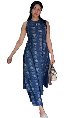 Image of GoSriKi Viscose Printed Straight Kurta with Pant for Women | Viscose Blue | Sleeveless | High Neck | Ethnic Wear Casual Wear