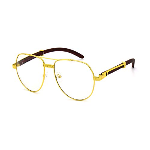 Image of TZ Promise For Men's Gold Color Wood Effect Metal Frames Vintage Style Retro Eye Clear Lens Glasses