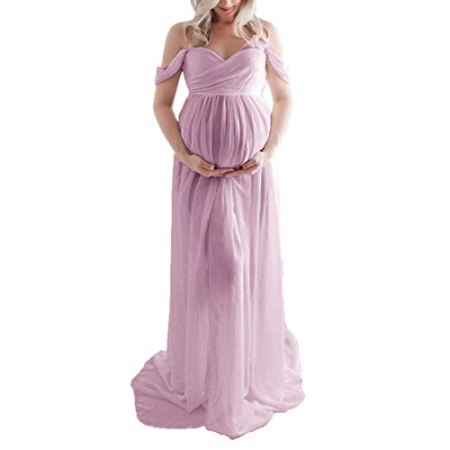 Aunaeyw Vestido de maternidad para fotografía, color sólido, vestido de gasa con hombros descubiertos, abertura frontal, vestidos largos de embarazo para sesión de fotos, Rosa Oscuro, M