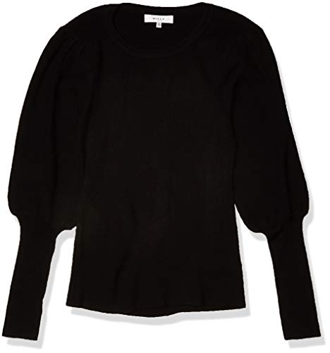 MILLY Women's Poof Sleeve Rib Pullover, Black, L